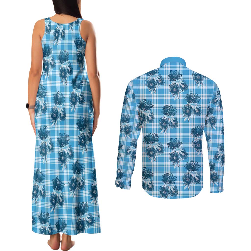 Blue Palaka Hawaii Couples Matching Tank Maxi Dress and Long Sleeve Button Shirt Hawaiian Lehua Blossoms LT05 - Polynesian Pride