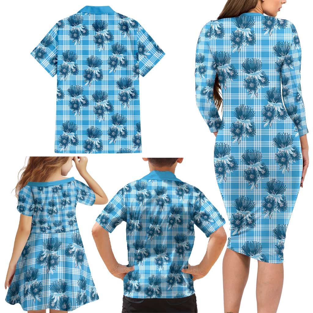 Blue Palaka Hawaii Family Matching Long Sleeve Bodycon Dress and Hawaiian Shirt Hawaiian Lehua Blossoms LT05 - Polynesian Pride
