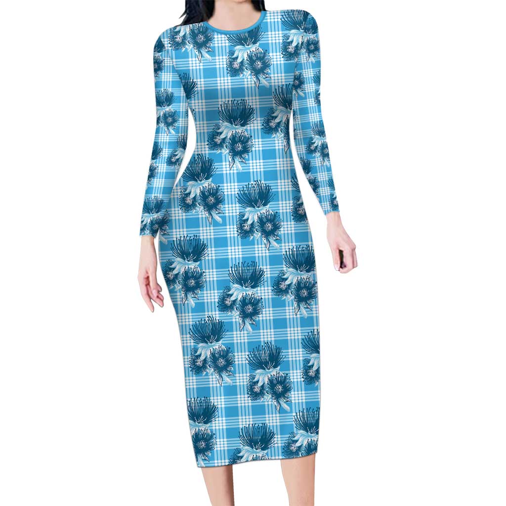 Blue Palaka Hawaii Family Matching Long Sleeve Bodycon Dress and Hawaiian Shirt Hawaiian Lehua Blossoms LT05 Mom's Dress Blue - Polynesian Pride