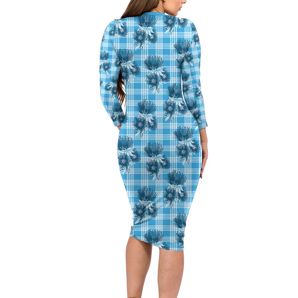 Blue Palaka Hawaii Family Matching Long Sleeve Bodycon Dress and Hawaiian Shirt Hawaiian Lehua Blossoms LT05 - Polynesian Pride