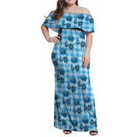 Blue Palaka Hawaii Family Matching Off Shoulder Maxi Dress and Hawaiian Shirt Hawaiian Lehua Blossoms