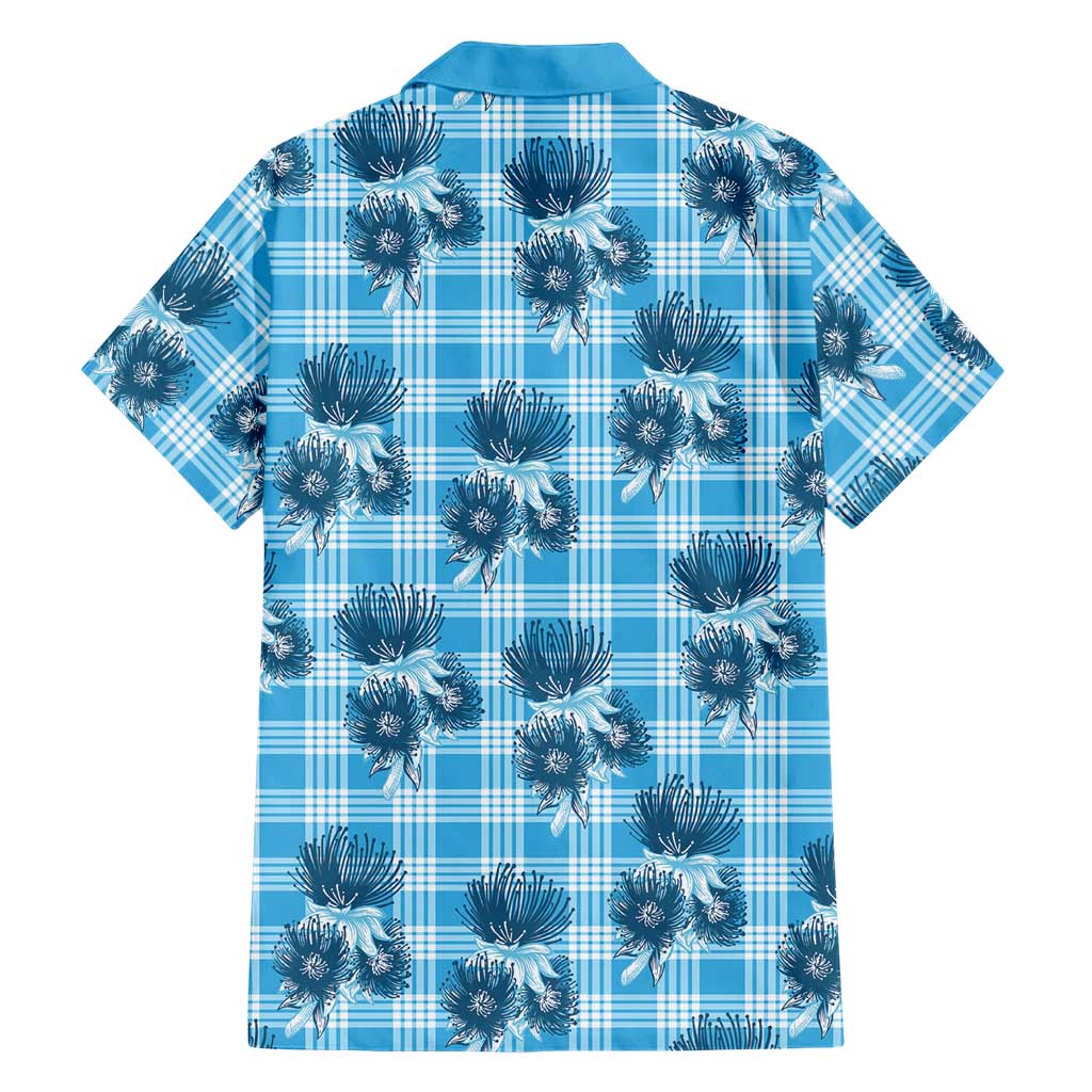 Blue Palaka Hawaii Family Matching Off Shoulder Short Dress and Hawaiian Shirt Hawaiian Lehua Blossoms