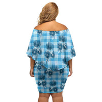 Blue Palaka Hawaii Family Matching Off Shoulder Short Dress and Hawaiian Shirt Hawaiian Lehua Blossoms
