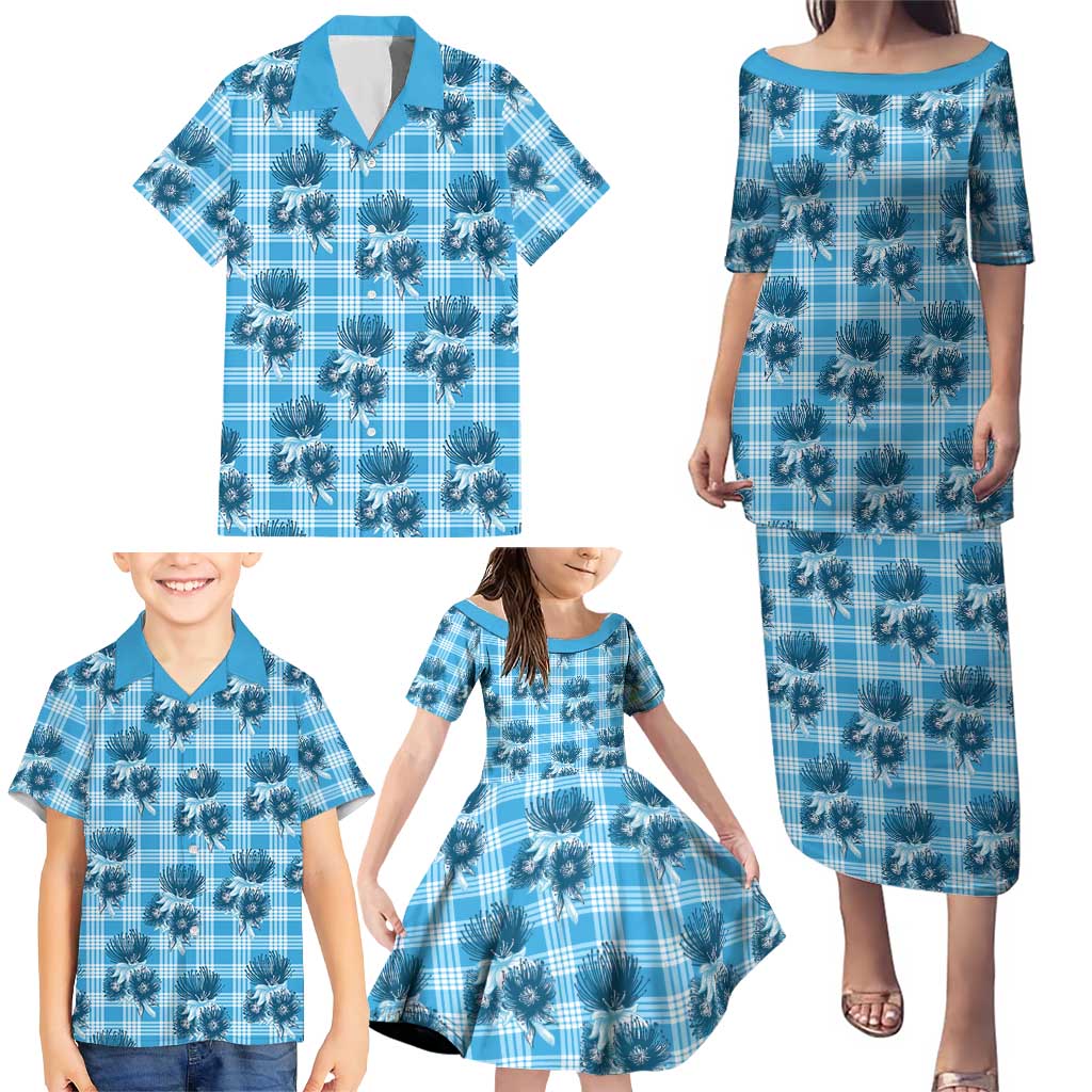 Blue Palaka Hawaii Family Matching Puletasi and Hawaiian Shirt Hawaiian Lehua Blossoms