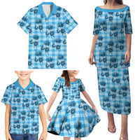 Blue Palaka Hawaii Family Matching Puletasi and Hawaiian Shirt Hawaiian Lehua Blossoms