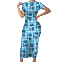 Blue Palaka Hawaii Family Matching Short Sleeve Bodycon Dress and Hawaiian Shirt Hawaiian Lehua Blossoms LT05 Mom's Dress Blue - Polynesian Pride