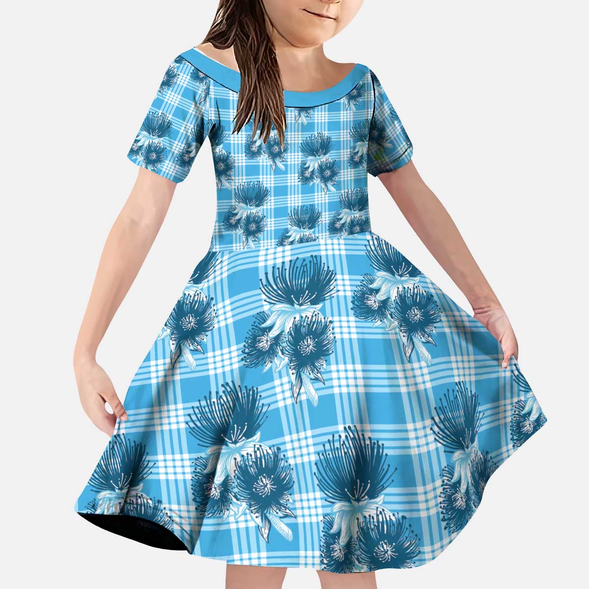 Blue Palaka Hawaii Kid Short Sleeve Dress Hawaiian Lehua Blossoms LT05 KID Blue - Polynesian Pride