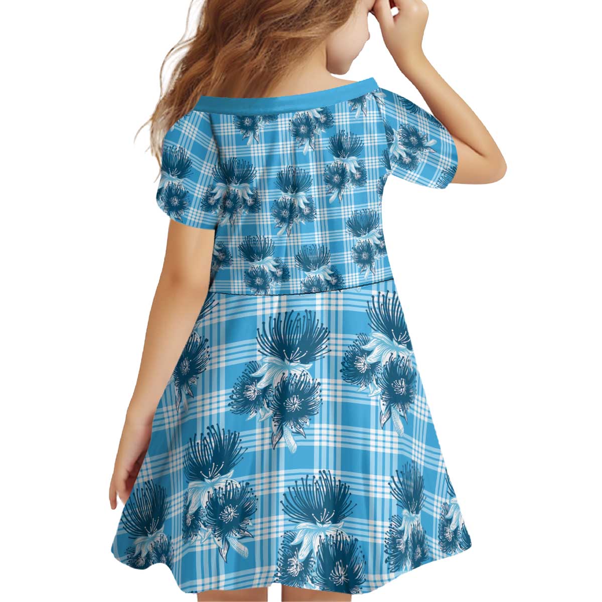 Blue Palaka Hawaii Kid Short Sleeve Dress Hawaiian Lehua Blossoms LT05 - Polynesian Pride