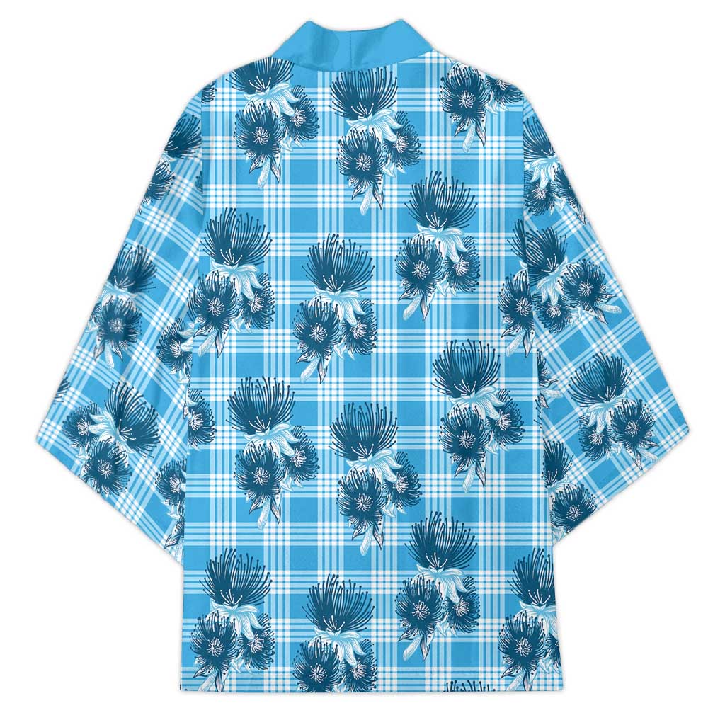 Blue Palaka Hawaii Kimono Hawaiian Lehua Blossoms