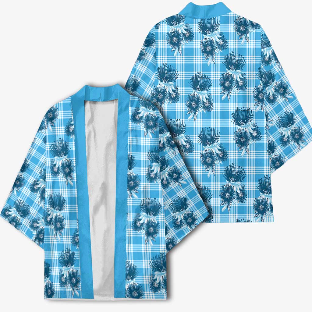 Blue Palaka Hawaii Kimono Hawaiian Lehua Blossoms