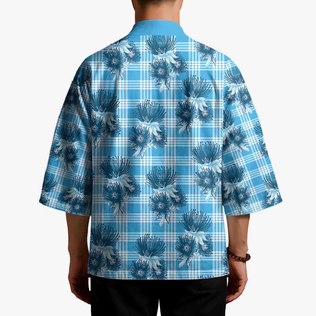 Blue Palaka Hawaii Kimono Hawaiian Lehua Blossoms
