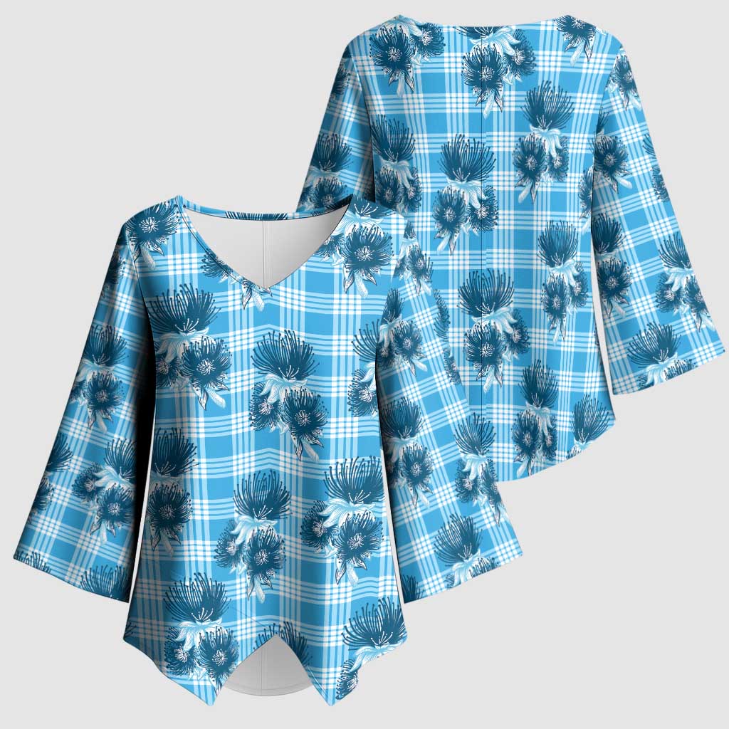Blue Palaka Hawaii Kimono Sleeve Blouse Hawaiian Lehua Blossoms