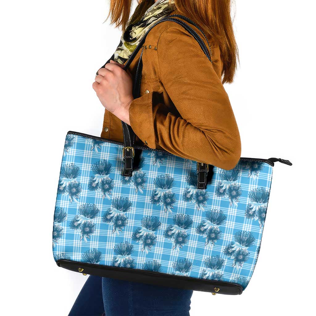 Blue Palaka Hawaii Leather Tote Bag Hawaiian Lehua Blossoms