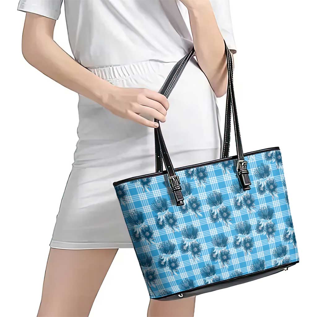 Blue Palaka Hawaii Leather Tote Bag Hawaiian Lehua Blossoms