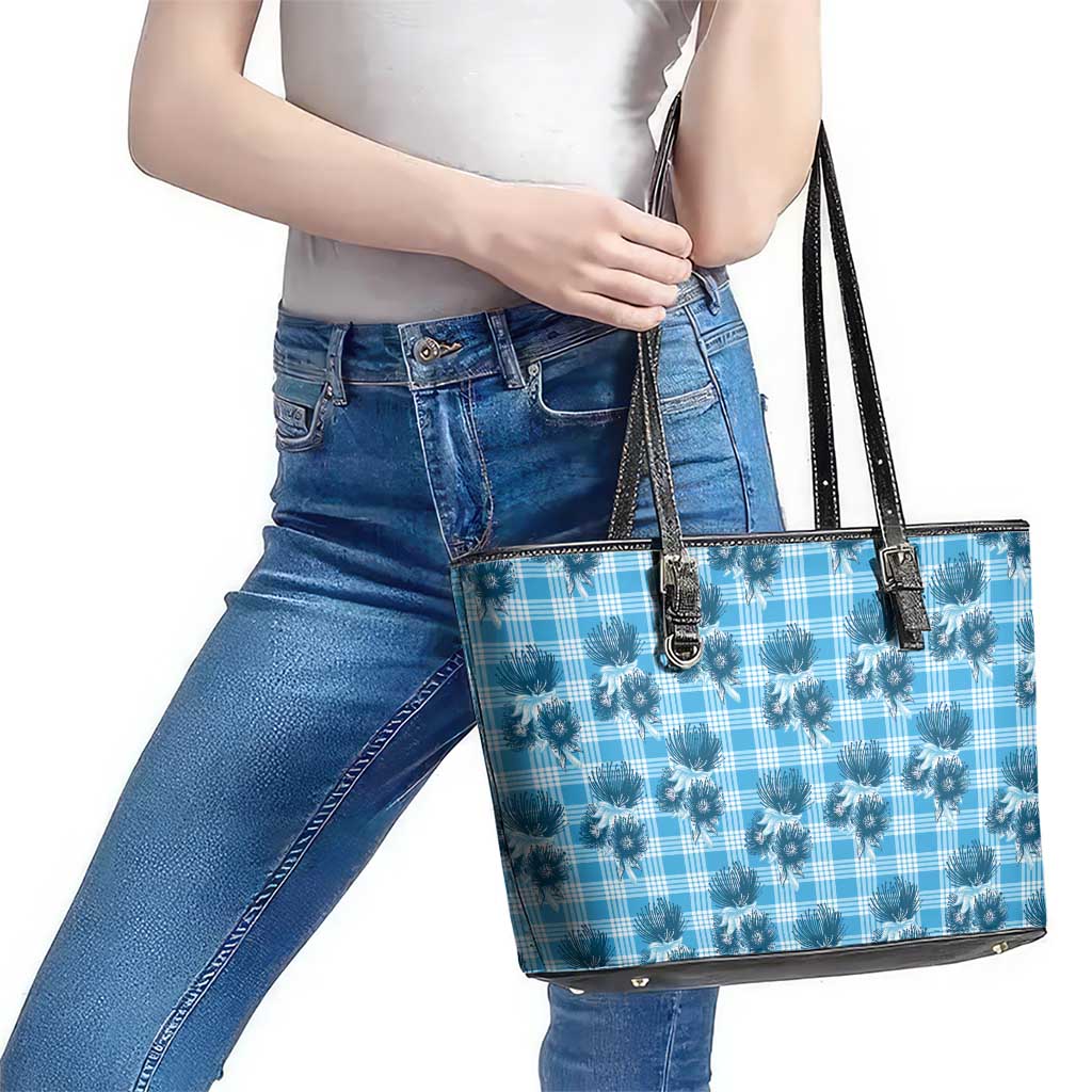 Blue Palaka Hawaii Leather Tote Bag Hawaiian Lehua Blossoms