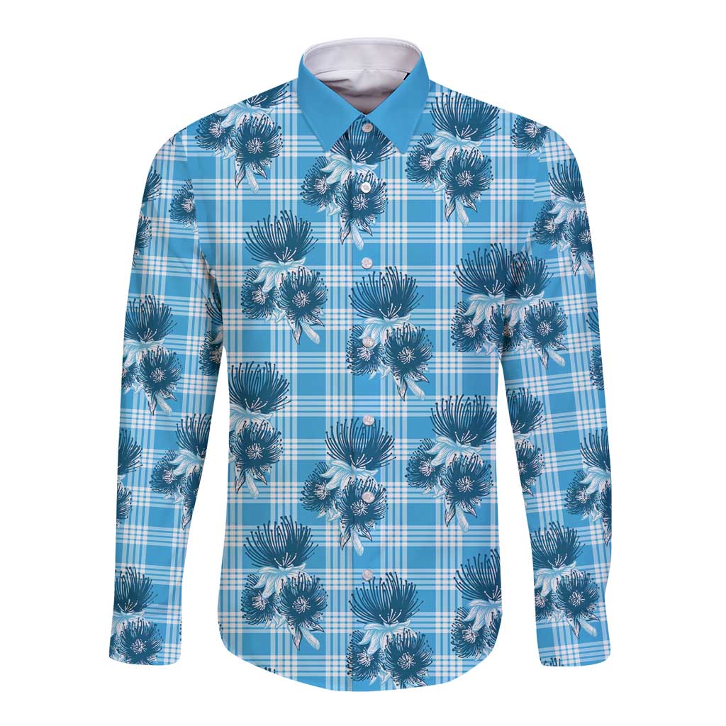 Blue Palaka Hawaii Long Sleeve Button Shirt Hawaiian Lehua Blossoms