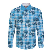 Blue Palaka Hawaii Long Sleeve Button Shirt Hawaiian Lehua Blossoms