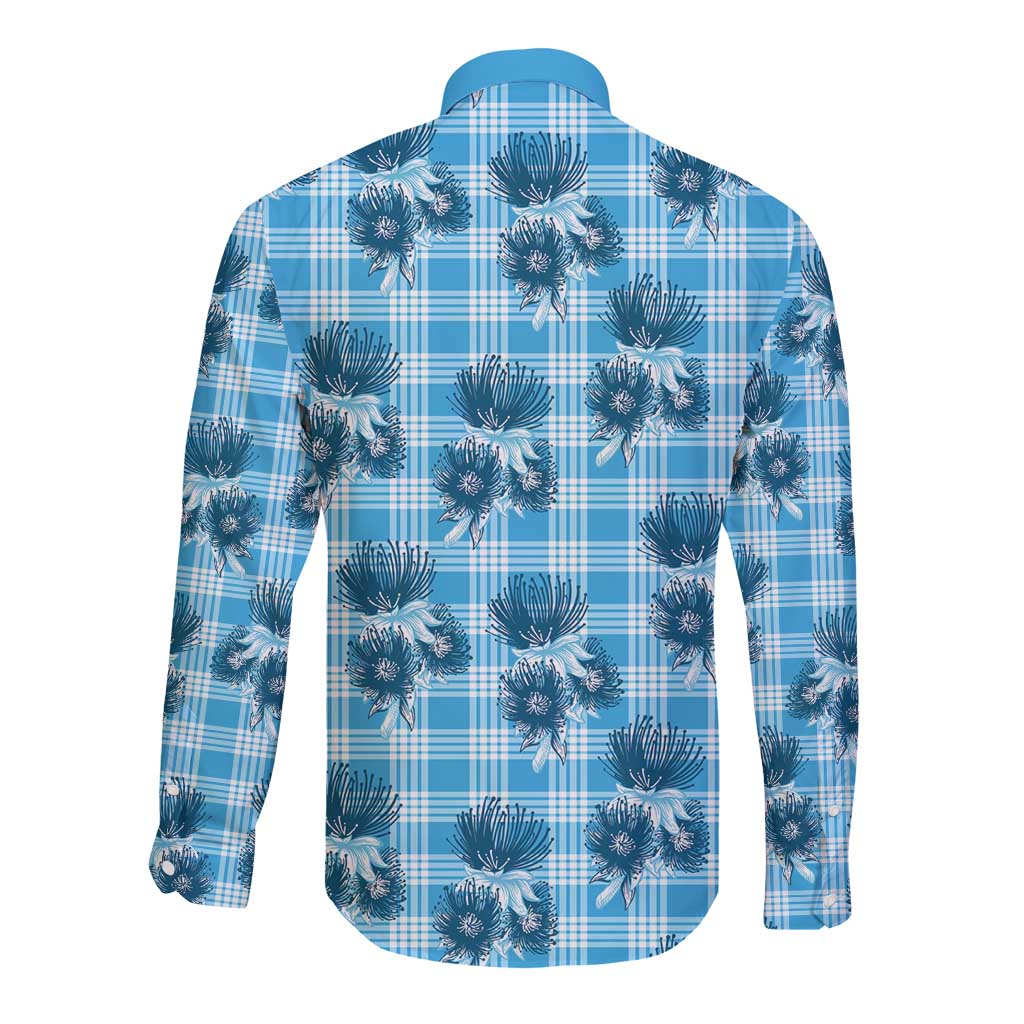 Blue Palaka Hawaii Long Sleeve Button Shirt Hawaiian Lehua Blossoms