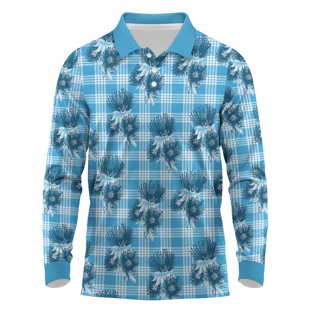 Blue Palaka Hawaii Long Sleeve Polo Shirt Hawaiian Lehua Blossoms