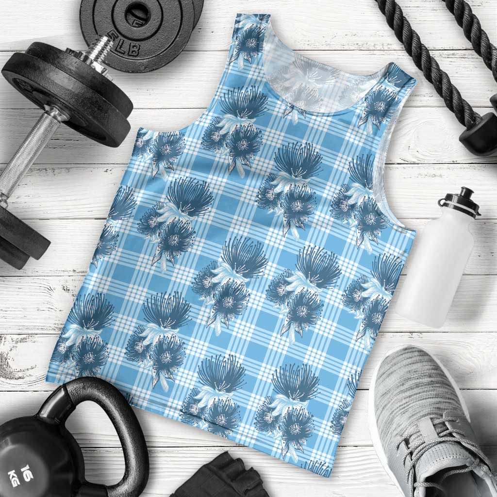 Blue Palaka Hawaii Men Tank Top Hawaiian Lehua Blossoms