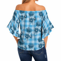 Blue Palaka Hawaii Off Shoulder Wrap Waist Top Hawaiian Lehua Blossoms LT05 - Polynesian Pride