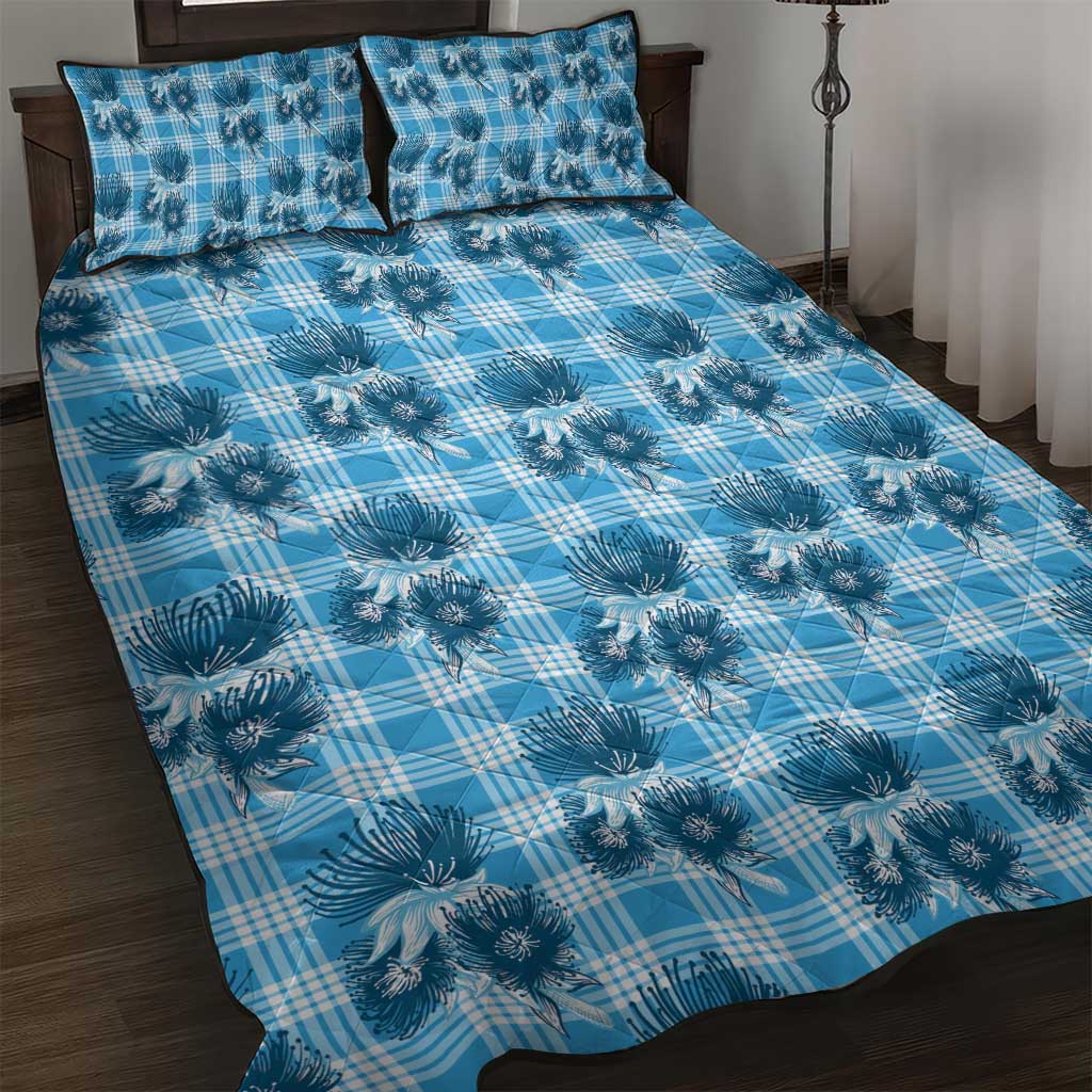 Blue Palaka Hawaii Quilt Bed Set Hawaiian Lehua Blossoms