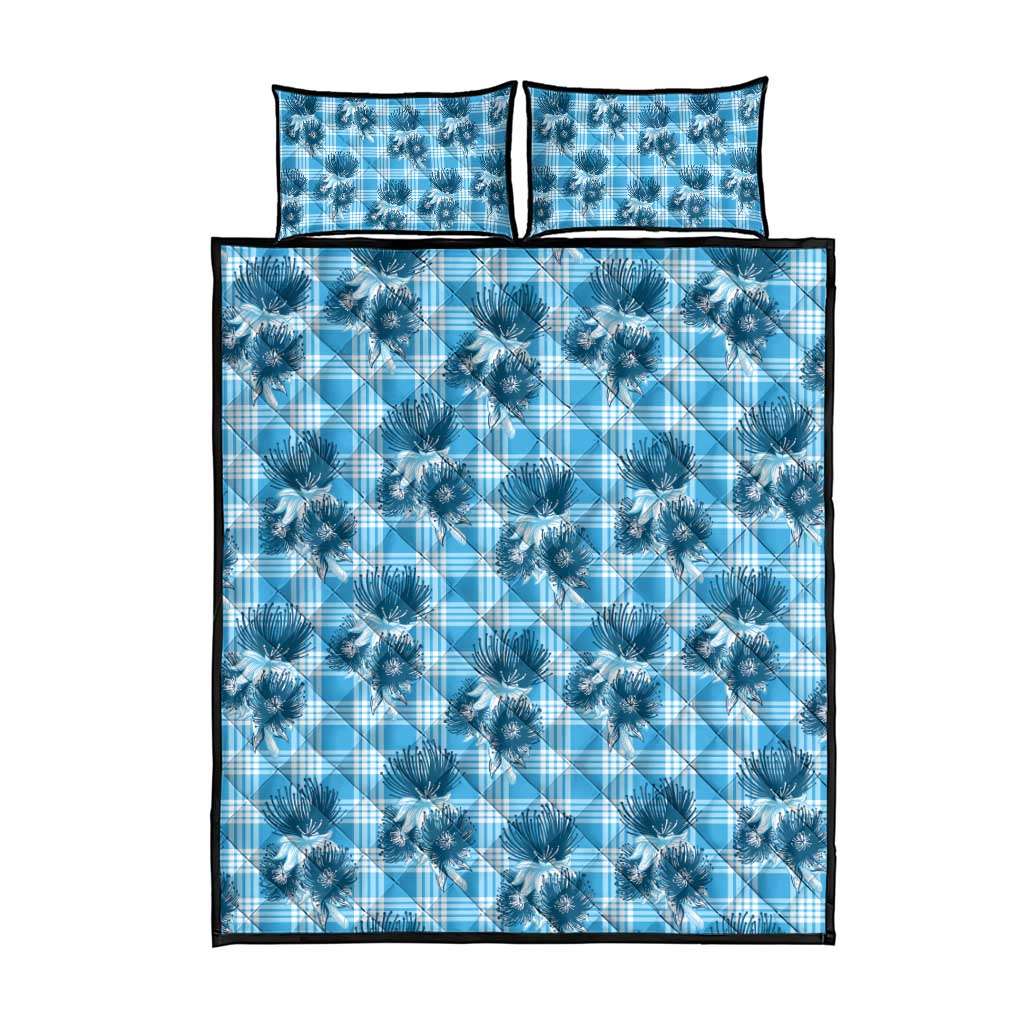 Blue Palaka Hawaii Quilt Bed Set Hawaiian Lehua Blossoms