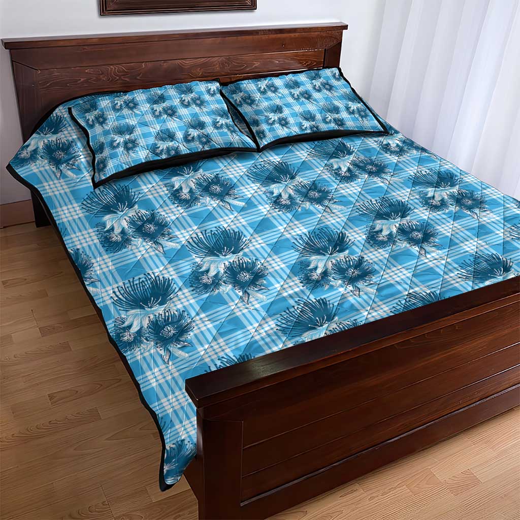 Blue Palaka Hawaii Quilt Bed Set Hawaiian Lehua Blossoms