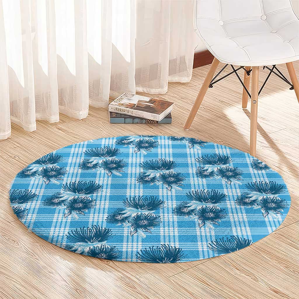 Blue Palaka Hawaii Round Carpet Hawaiian Lehua Blossoms