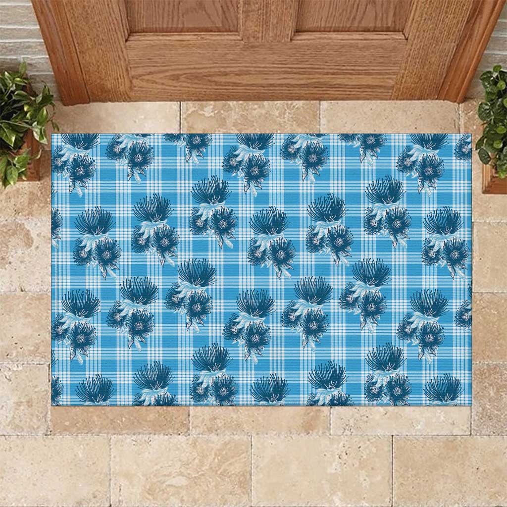 Blue Palaka Hawaii Rubber Doormat Hawaiian Lehua Blossoms