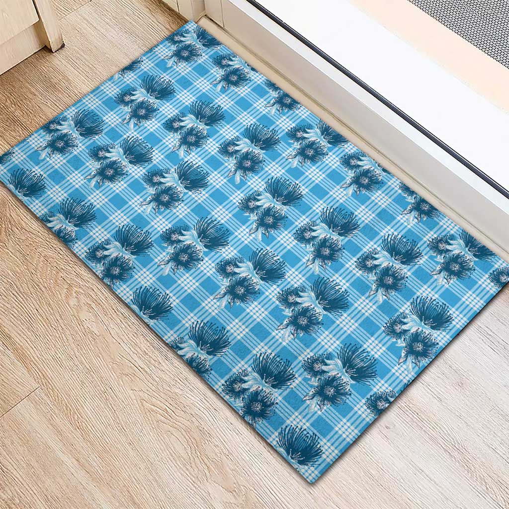 Blue Palaka Hawaii Rubber Doormat Hawaiian Lehua Blossoms