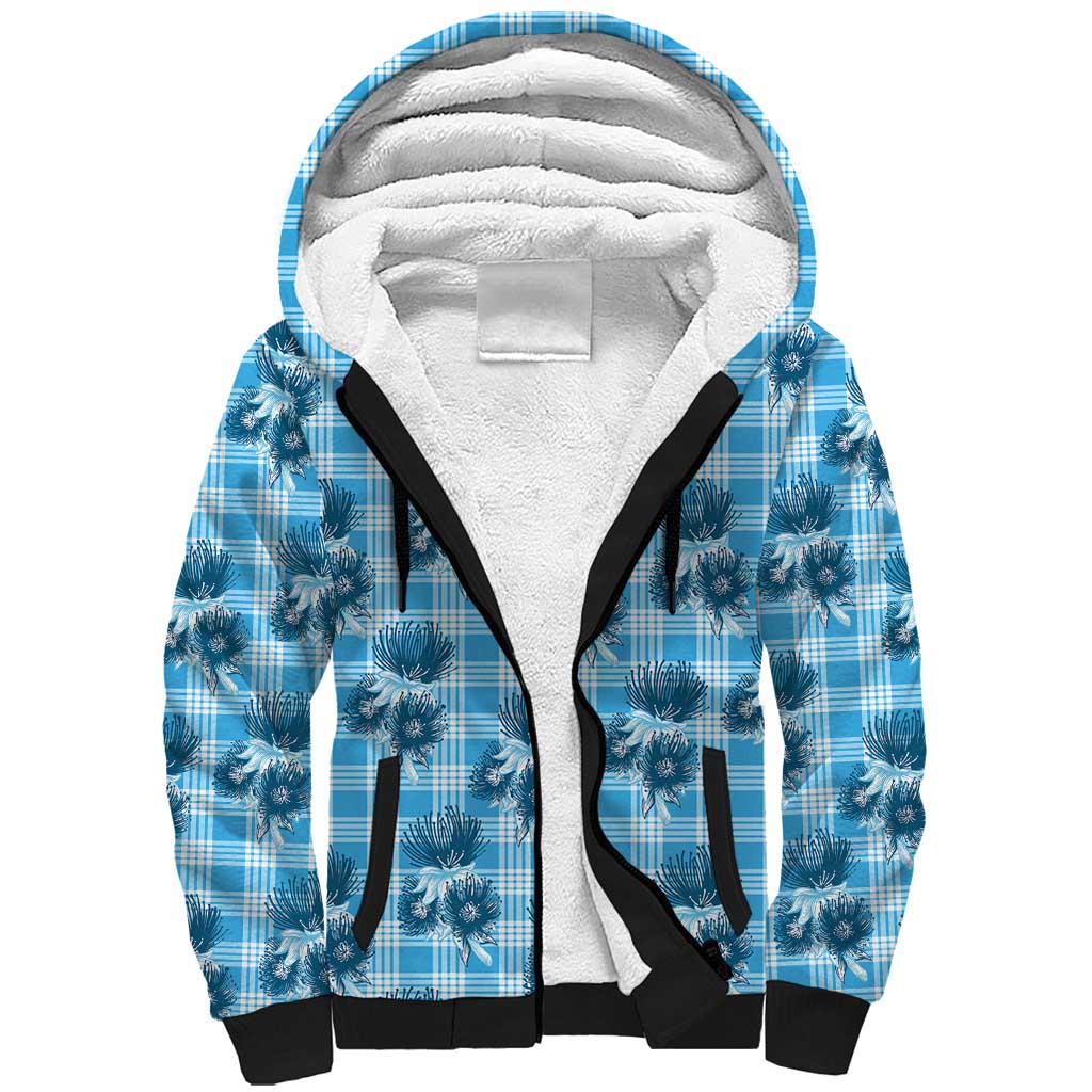 Blue Palaka Hawaii Sherpa Hoodie Hawaiian Lehua Blossoms