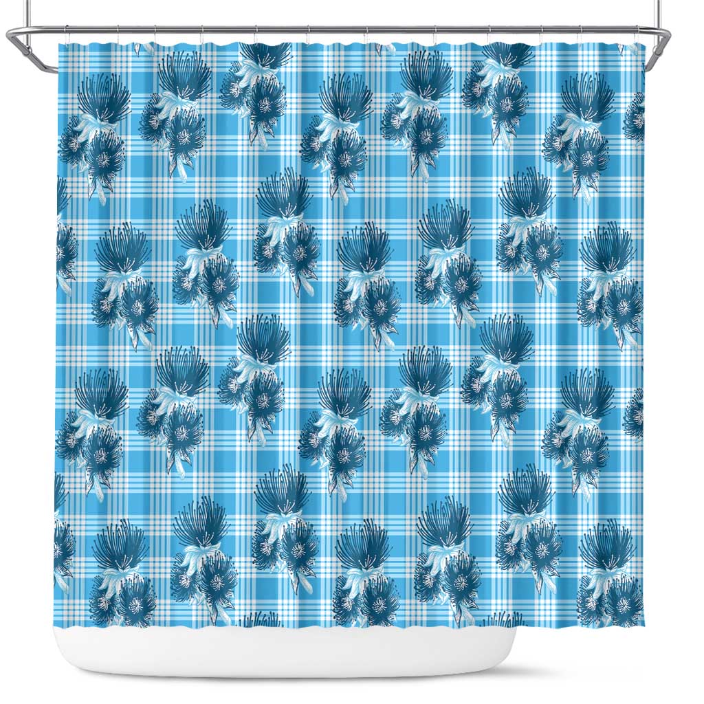 Blue Palaka Hawaii Shower Curtain Hawaiian Lehua Blossoms