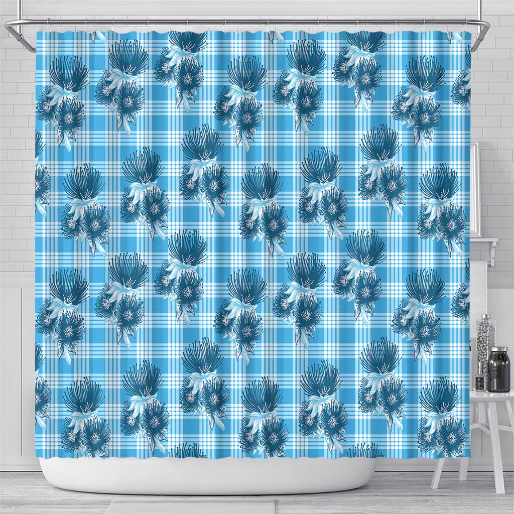 Blue Palaka Hawaii Shower Curtain Hawaiian Lehua Blossoms