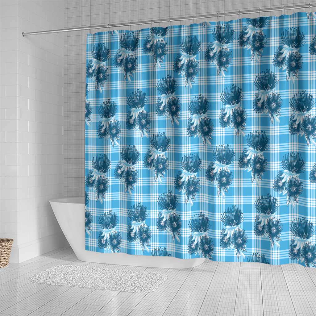 Blue Palaka Hawaii Shower Curtain Hawaiian Lehua Blossoms