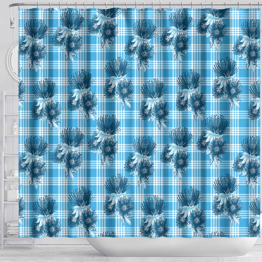 Blue Palaka Hawaii Shower Curtain Hawaiian Lehua Blossoms