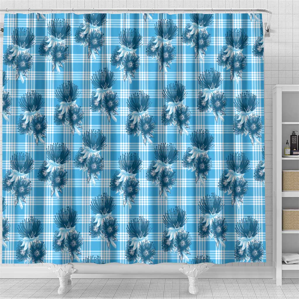 Blue Palaka Hawaii Shower Curtain Hawaiian Lehua Blossoms