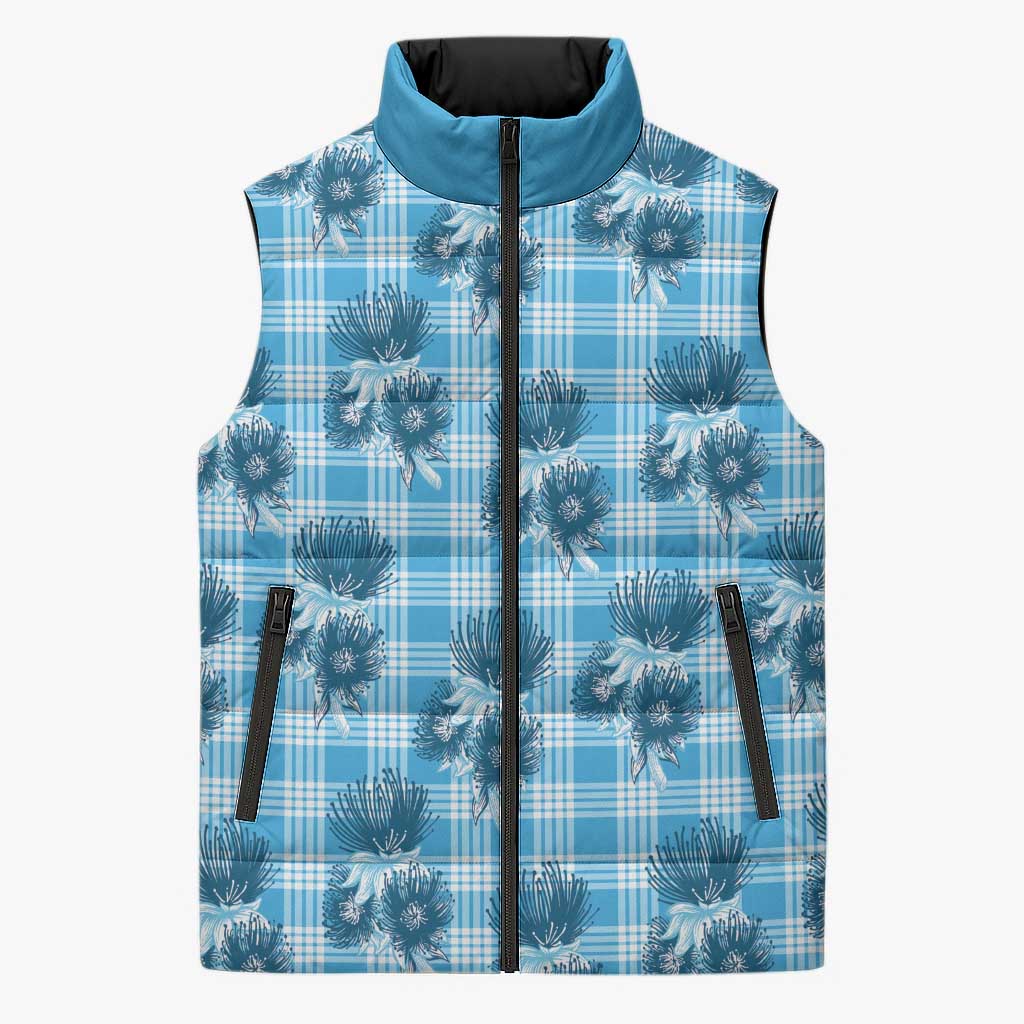 Blue Palaka Hawaii Sleeveless Puffer Jacket Hawaiian Lehua Blossoms
