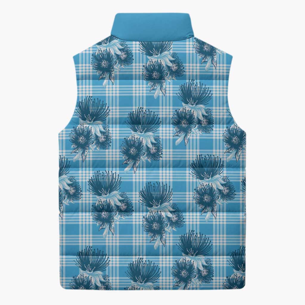 Blue Palaka Hawaii Sleeveless Puffer Jacket Hawaiian Lehua Blossoms