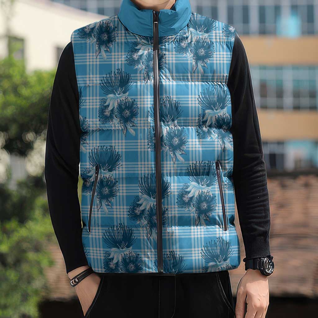 Blue Palaka Hawaii Sleeveless Puffer Jacket Hawaiian Lehua Blossoms