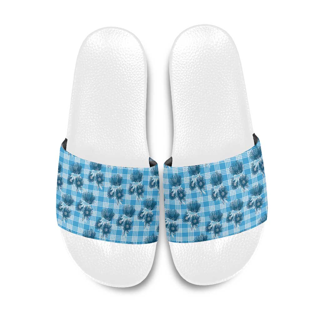 Blue Palaka Hawaii Slide Sandals Hawaiian Lehua Blossoms