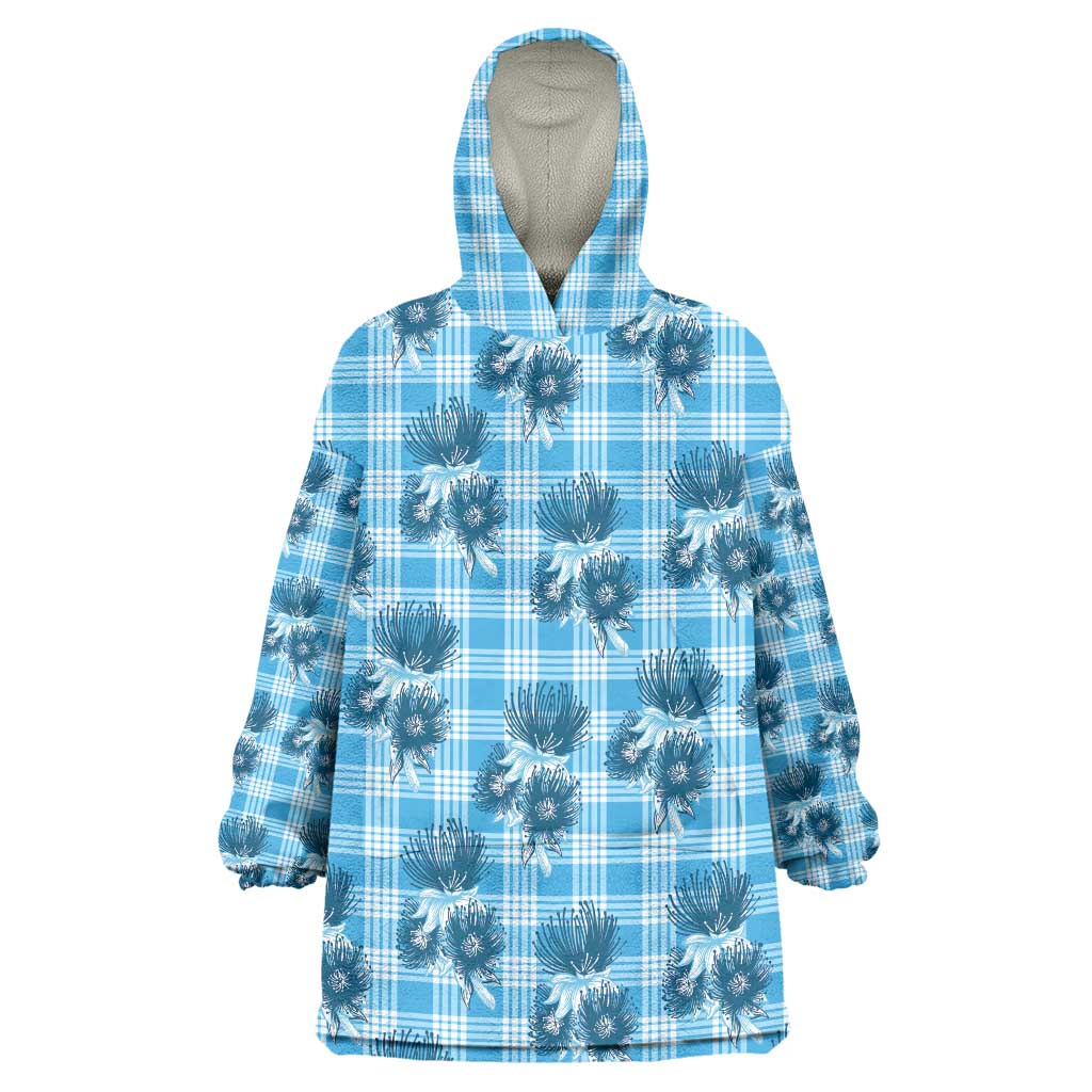 Blue Palaka Hawaii Wearable Blanket Hoodie Hawaiian Lehua Blossoms