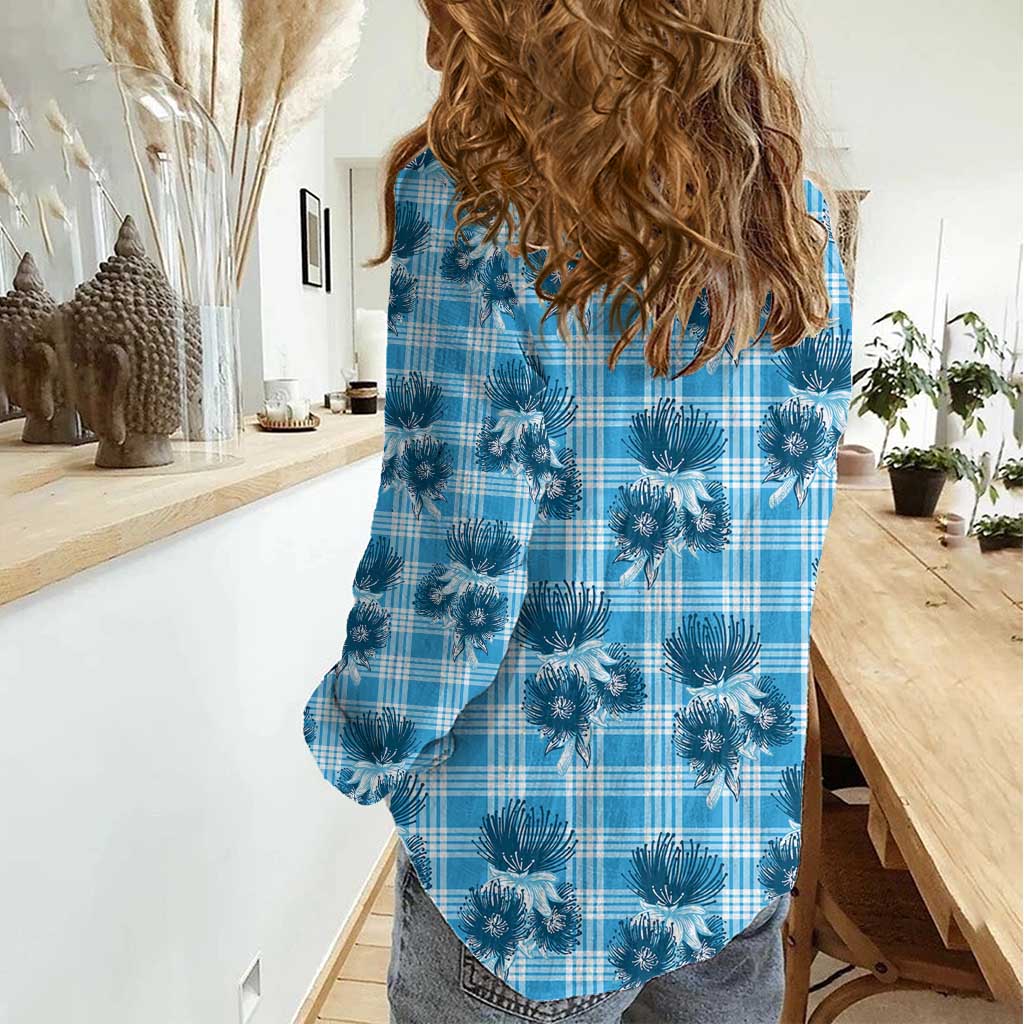 Blue Palaka Hawaii Women Casual Shirt Hawaiian Lehua Blossoms LT05 - Polynesian Pride