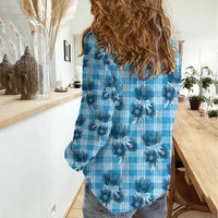 Blue Palaka Hawaii Women Casual Shirt Hawaiian Lehua Blossoms LT05 - Polynesian Pride