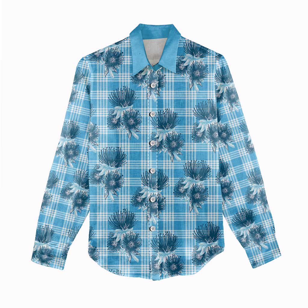 Blue Palaka Hawaii Women Casual Shirt Hawaiian Lehua Blossoms LT05 - Polynesian Pride