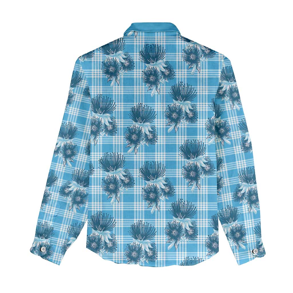 Blue Palaka Hawaii Women Casual Shirt Hawaiian Lehua Blossoms LT05 - Polynesian Pride