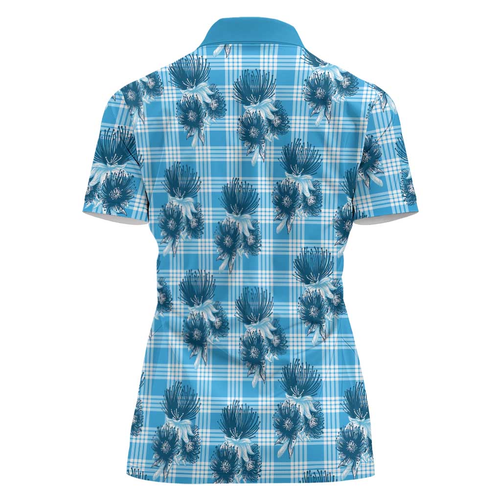 Blue Palaka Hawaii Women Polo Shirt Hawaiian Lehua Blossoms