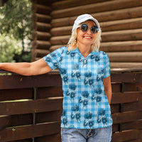 Blue Palaka Hawaii Women Polo Shirt Hawaiian Lehua Blossoms