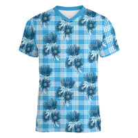 Blue Palaka Hawaii Women V-Neck T-Shirt Hawaiian Lehua Blossoms LT05 Female Blue - Polynesian Pride