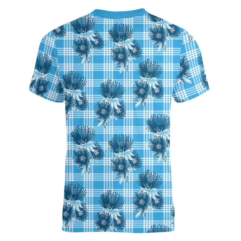 Blue Palaka Hawaii Women V-Neck T-Shirt Hawaiian Lehua Blossoms LT05 - Polynesian Pride